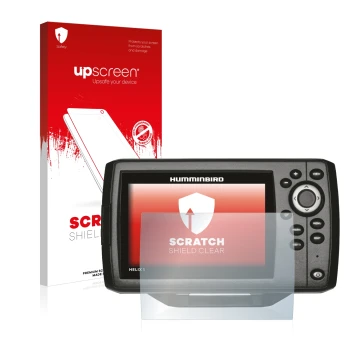 Parte frontal de un envase de producto con el logotipo de la marca upscreen. Al lado se muestra el dispositivo Humminbird Heli