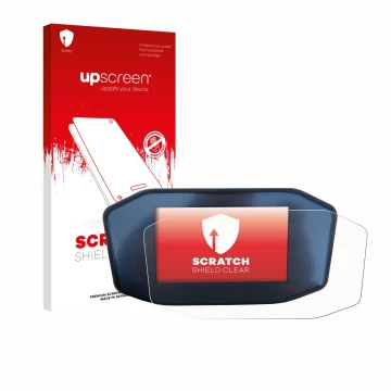 Parte frontal de un envase de producto con el logotipo de la marca upscreen. Al lado se muestra el dispositivo KTM 1290 Super 