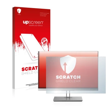 Parte frontal de un envase de producto con el logotipo de la marca upscreen. Al lado se muestra el dispositivo HP EliteDisplay