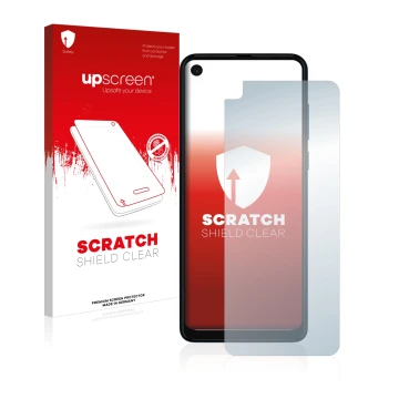 Parte frontal de un envase de producto con el logotipo de la marca upscreen. Al lado se muestra el dispositivo Motorola One Vi