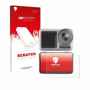 Parte frontal de un envase de producto con el logotipo de la marca upscreen. Al lado se muestra el dispositivo DJI Osmo Action