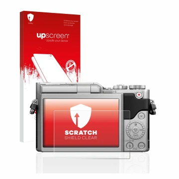 Parte frontal de un envase de producto con el logotipo de la marca upscreen. Al lado se muestra el dispositivo Panasonic Lumix