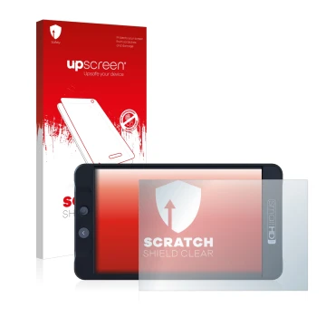 Parte frontal de un envase de producto con el logotipo de la marca upscreen. Al lado se muestra el dispositivo SmallHD 702 Bla
