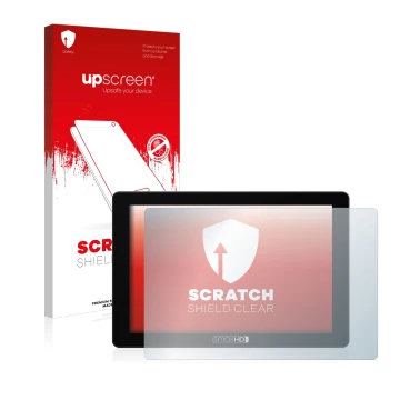 Parte frontal de un envase de producto con el logotipo de la marca upscreen. Al lado se muestra el dispositivo SmallHD 702 Tou