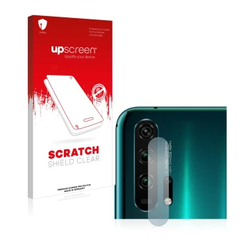 Parte frontal de un envase de producto con el logotipo de la marca upscreen. Al lado se muestra el dispositivo Honor 20 Pro (S