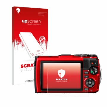 Parte frontal de un envase de producto con el logotipo de la marca upscreen. Al lado se muestra el dispositivo Olympus Tough T