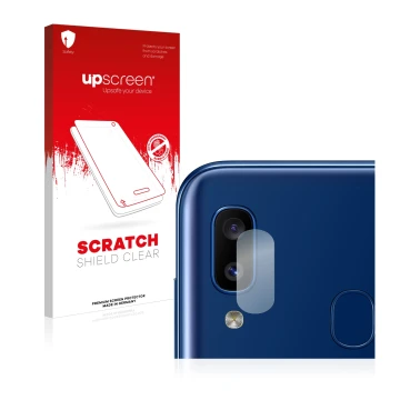 Parte frontal de un envase de producto con el logotipo de la marca upscreen. Al lado se muestra el dispositivo Samsung Galaxy 