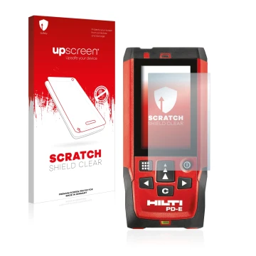 Parte frontal de un envase de producto con el logotipo de la marca upscreen. Al lado se muestra el dispositivo Hilti PD-E con 