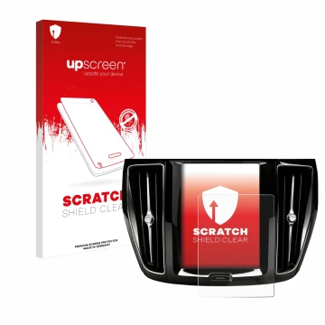 Parte frontal de un envase de producto con el logotipo de la marca upscreen. Al lado se muestra el dispositivo Volvo V60 Sensu