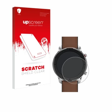 Parte frontal de un envase de producto con el logotipo de la marca upscreen. Al lado se muestra el dispositivo Huami Amazfit G