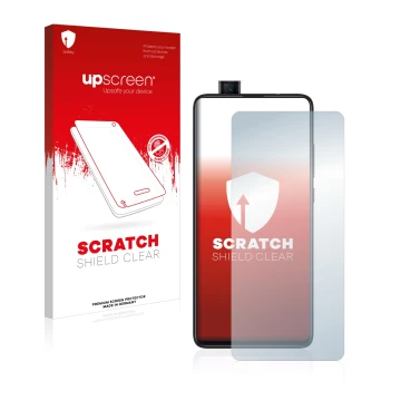 Parte frontal de un envase de producto con el logotipo de la marca upscreen. Al lado se muestra el dispositivo Xiaomi Mi 9T co