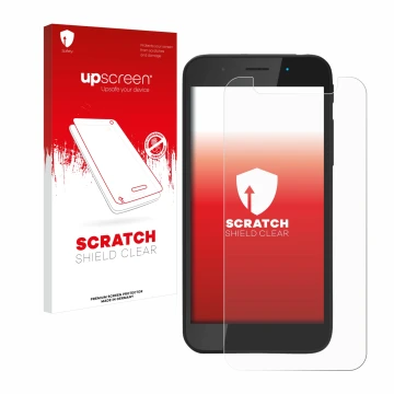 Parte frontal de un envase de producto con el logotipo de la marca upscreen. Al lado se muestra el dispositivo Shiftphones Shi