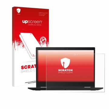 Parte frontal de un envase de producto con el logotipo de la marca upscreen. Al lado se muestra el dispositivo Lenovo ThinkPad