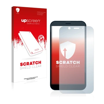 Parte frontal de un envase de producto con el logotipo de la marca upscreen. Al lado se muestra el dispositivo Shiftphones Shi