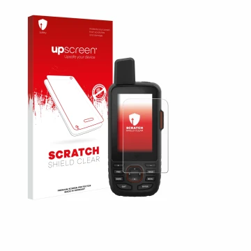 Parte frontal de un envase de producto con el logotipo de la marca upscreen. Al lado se muestra el dispositivo Garmin GPSMAP 6