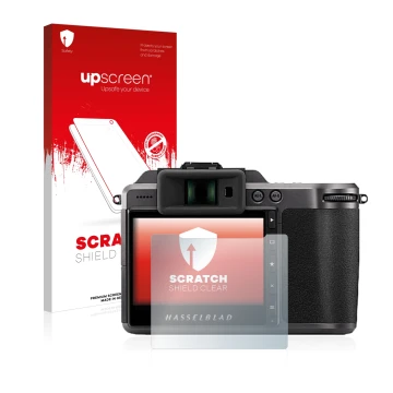 Parte frontal de un envase de producto con el logotipo de la marca upscreen. Al lado se muestra el dispositivo Hasselblad X1D 