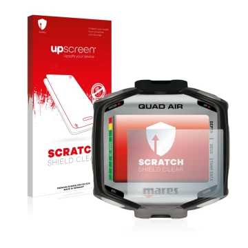 Parte frontal de un envase de producto con el logotipo de la marca upscreen. Al lado se muestra el dispositivo Mares Quad Air 
