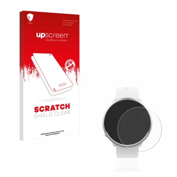 Parte frontal de un envase de producto con el logotipo de la marca upscreen. Al lado se muestra el dispositivo Polar Ignite co