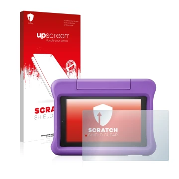Parte frontal de un envase de producto con el logotipo de la marca upscreen. Al lado se muestra el dispositivo Amazon Fire 7 K
