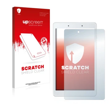 Parte frontal de un envase de producto con el logotipo de la marca upscreen. Al lado se muestra el dispositivo Samsung Galaxy 