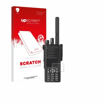 Parte frontal de un envase de producto con el logotipo de la marca upscreen. Al lado se muestra el dispositivo Motorola DP4801