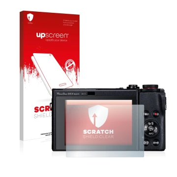 Parte frontal de un envase de producto con el logotipo de la marca upscreen. Al lado se muestra el dispositivo Canon PowerShot