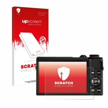 Parte frontal de un envase de producto con el logotipo de la marca upscreen. Al lado se muestra el dispositivo Canon PowerShot