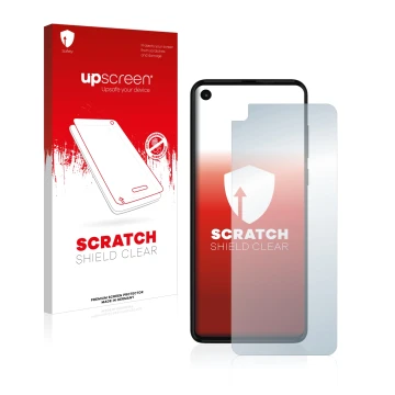 Parte frontal de un envase de producto con el logotipo de la marca upscreen. Al lado se muestra el dispositivo Motorola One Ac