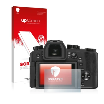 Parte frontal de un envase de producto con el logotipo de la marca upscreen. Al lado se muestra el dispositivo Leica V-LUX 5 c