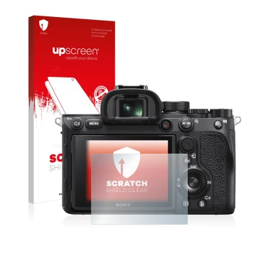 Parte frontal de un envase de producto con el logotipo de la marca upscreen. Al lado se muestra el dispositivo Sony Alpha 7R I