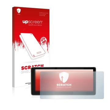 Parte frontal de un envase de producto con el logotipo de la marca upscreen. Al lado se muestra el dispositivo Mercedes-Benz E