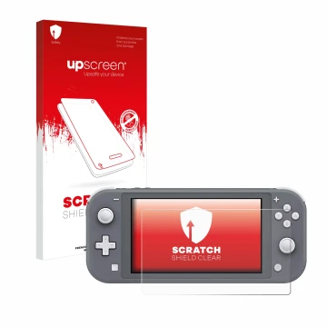 Parte frontal de un envase de producto con el logotipo de la marca upscreen. Al lado se muestra el dispositivo Nintendo Switch