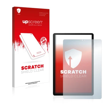 Parte frontal de un envase de producto con el logotipo de la marca upscreen. Al lado se muestra el dispositivo Samsung Galaxy 