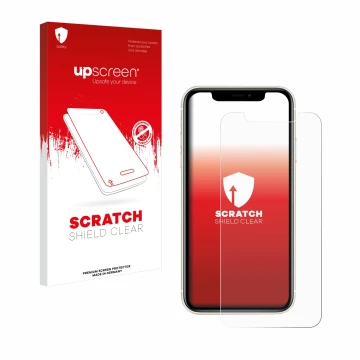Parte frontal de un envase de producto con el logotipo de la marca upscreen. Al lado se muestra el dispositivo Apple iPhone 11