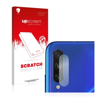Parte frontal de un envase de producto con el logotipo de la marca upscreen. Al lado se muestra el dispositivo Xiaomi Mi A3 (S