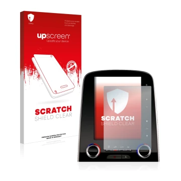 Parte frontal de un envase de producto con el logotipo de la marca upscreen. Al lado se muestra el dispositivo Renault Scenic 