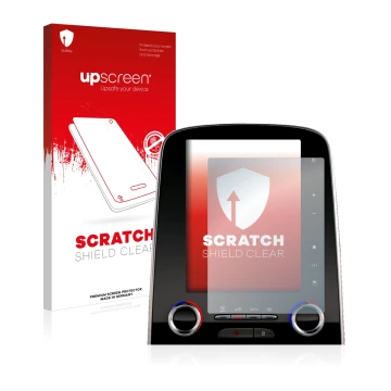 Parte frontal de un envase de producto con el logotipo de la marca upscreen. Al lado se muestra el dispositivo Renault Espace 