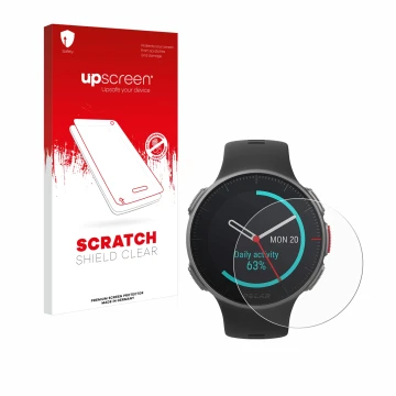 Parte frontal de un envase de producto con el logotipo de la marca upscreen. Al lado se muestra el dispositivo Polar Vantage V