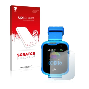 Parte frontal de un envase de producto con el logotipo de la marca upscreen. Al lado se muestra el dispositivo KiDSnav Ultra c