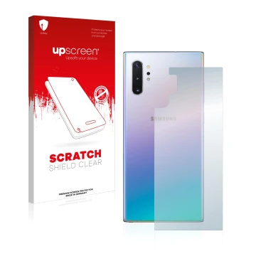 Parte frontal de un envase de producto con el logotipo de la marca upscreen. Al lado se muestra el dispositivo Samsung Galaxy 