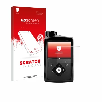 Parte frontal de un envase de producto con el logotipo de la marca upscreen. Al lado se muestra el dispositivo Medtronic Minim