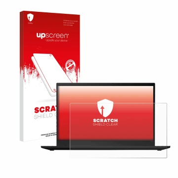 Parte frontal de un envase de producto con el logotipo de la marca upscreen. Al lado se muestra el dispositivo Lenovo ThinkPad