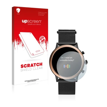 Parte frontal de un envase de producto con el logotipo de la marca upscreen. Al lado se muestra el dispositivo Fossil Julianna