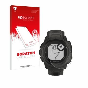 Parte frontal de un envase de producto con el logotipo de la marca upscreen. Al lado se muestra el dispositivo Garmin Instinct