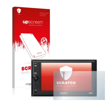 Parte frontal de un envase de producto con el logotipo de la marca upscreen. Al lado se muestra el dispositivo Sony XAV-AX1005