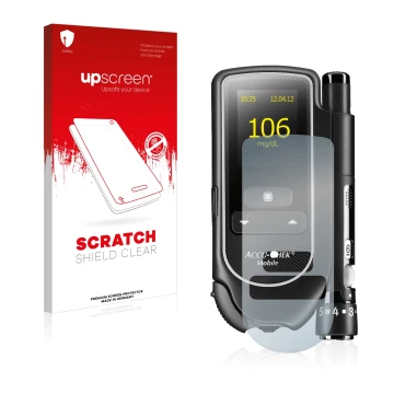 Parte frontal de un envase de producto con el logotipo de la marca upscreen. Al lado se muestra el dispositivo Accu-Chek Mobil