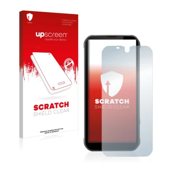 Parte frontal de un envase de producto con el logotipo de la marca upscreen. Al lado se muestra el dispositivo Gigaset GX290 c