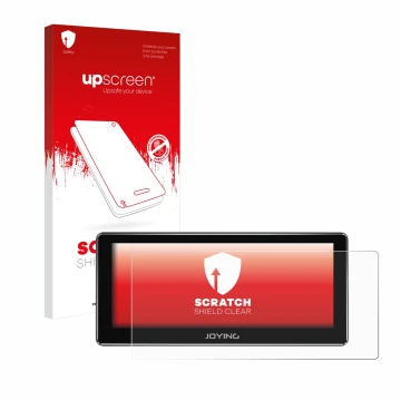 Parte frontal de un envase de producto con el logotipo de la marca upscreen. Al lado se muestra el dispositivo Joying 4G Car R