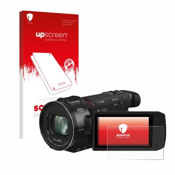 Parte frontal de un envase de producto con el logotipo de la marca upscreen. Al lado se muestra el dispositivo Panasonic HC-VX