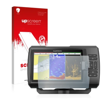 Parte frontal de un envase de producto con el logotipo de la marca upscreen. Al lado se muestra el dispositivo Garmin Striker 